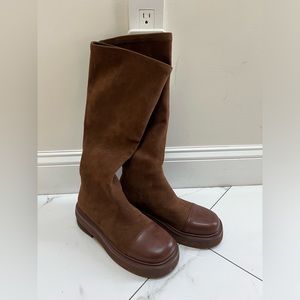 Brown Suede Knee High Boots with Leather Toe Detail